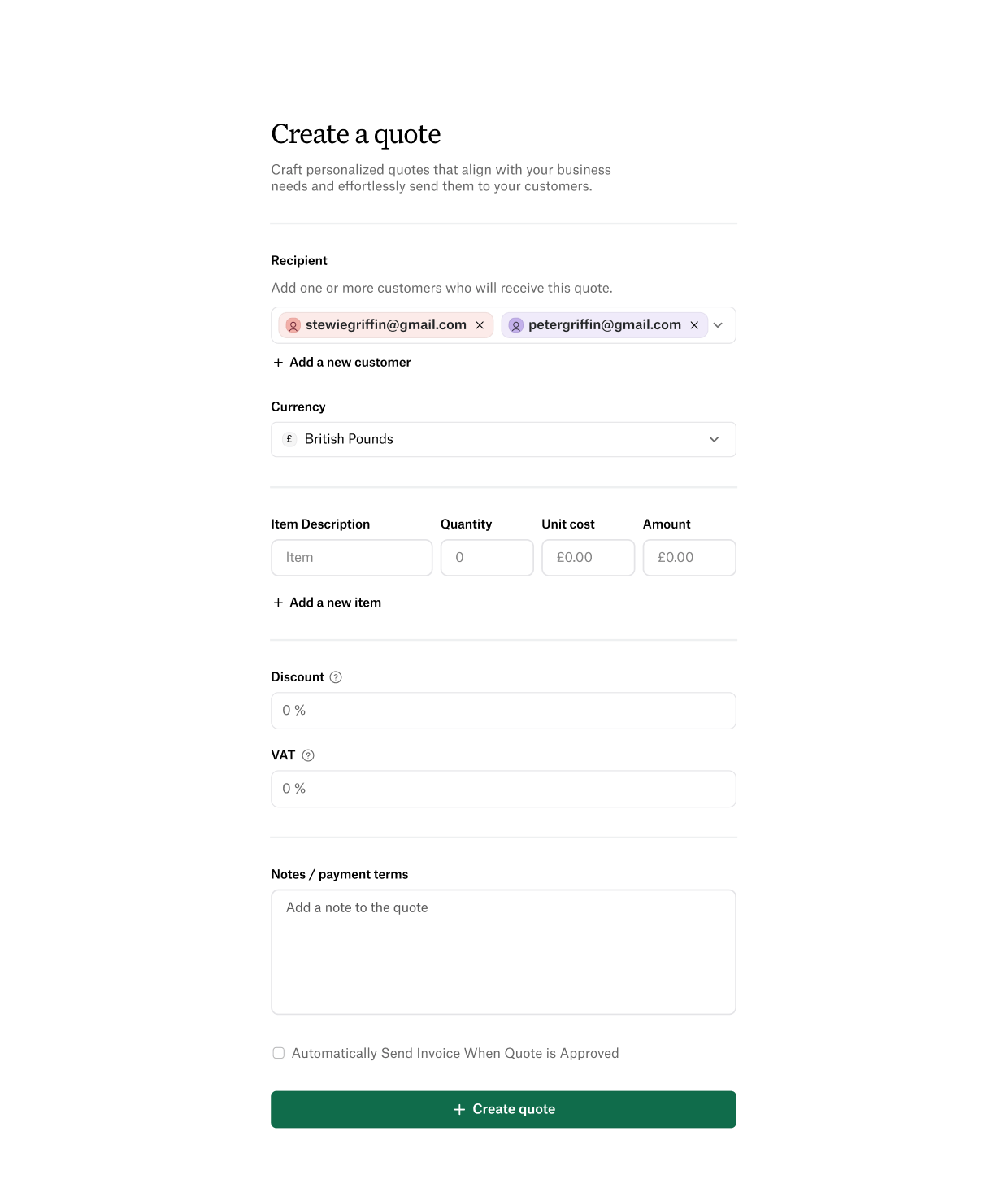 screenshot of create quote page on Cadobook