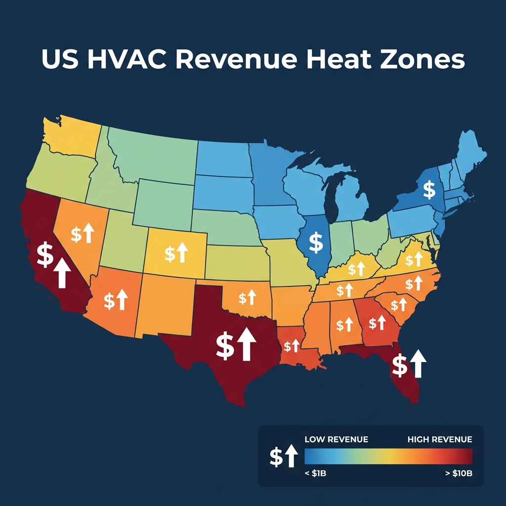 US HVAC Revenue Heat Zones - Map showing revenue distribution across states
