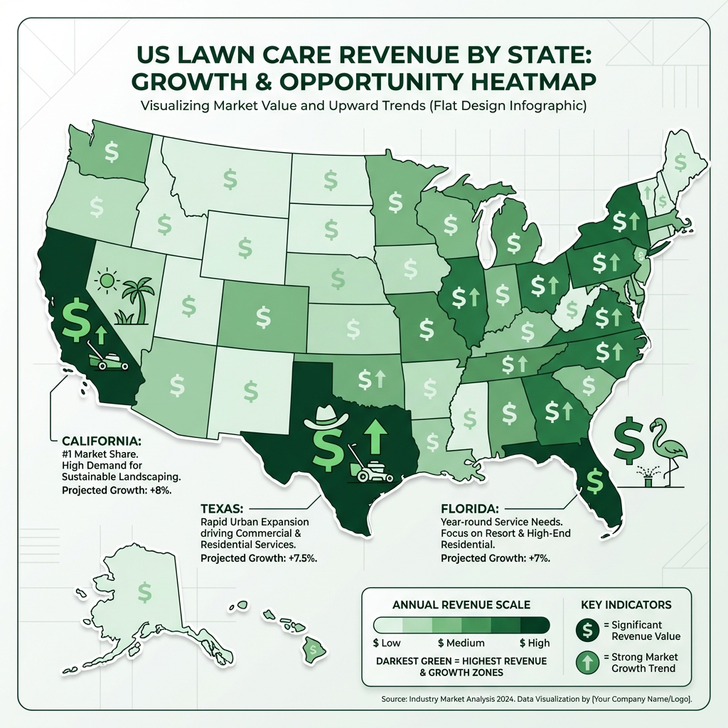 US Lawn Care Revenue by State - Heat map showing market opportunities